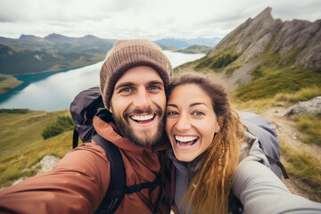 Happy couple man and woman tourist at top of mountain during a hike in summer