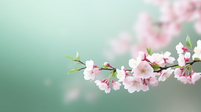 Spring bloom beauty! Our image showcases a macro cherry blossom tree branch on a green background, creating an abstract and festive scene.