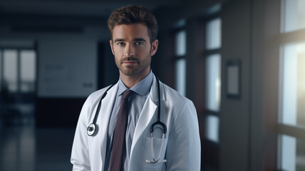 Portrait of handsome male doctor with stethoscope in hospital.