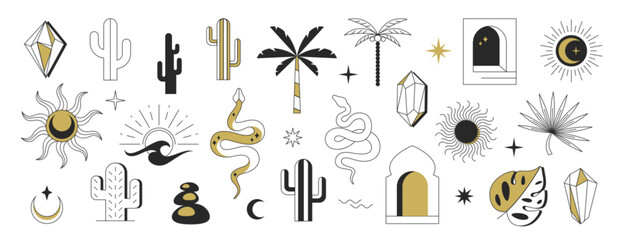Vector bohemian linear logos. Boho logo cactus, sun, moon, crystals, palms, window and desert icons. Celestial mystic esoteric magic and geometric abstract design elements. Line symbols set. - obrazy, fototapety, plakaty