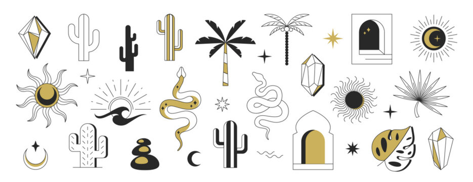 Vector bohemian linear logos. Boho logo cactus, sun, moon, crystals, palms, window and desert icons. Celestial mystic esoteric magic and geometric abstract design elements. Line symbols set.