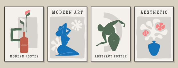 Contemporary matisse posters. Set of modern abstract wall art, aesthetic artworks with women silhouette figures, botanical plants and flowers in vase in minimalist style. Collection for decoration.