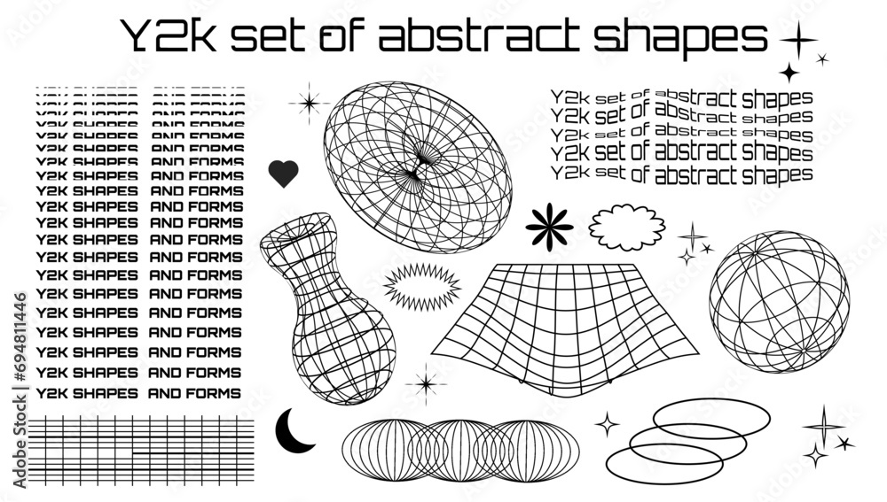 Poster set of abstract form and shapes in psychedelic style. rave. wireframe elements. retro y2k design. ve