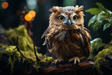 Wise old owl perched in a forest canopy, Generative AI