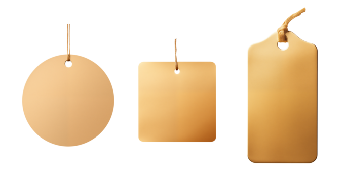 gold tag and label set - round, square, rectangular - isolated transparent PNG background - collection of shapes