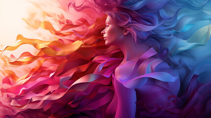 A woman with flowing hair in a gradient from pink to blue profile view set against a background of wave like shapes in matching colors