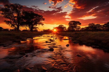 Breathtaking sunset over a vast African wildlife reserve, Generative AI