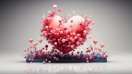 A large heart made up of an explosion of smaller pink and red geometric shapes rising from a grey surface against a light background