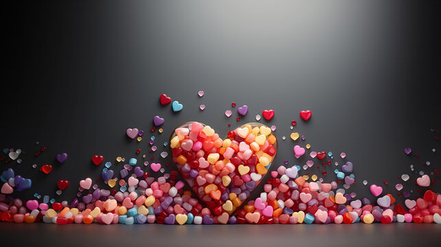 A large central heart composed of many smaller colorful hearts in varying shades spills across a dark gradient background