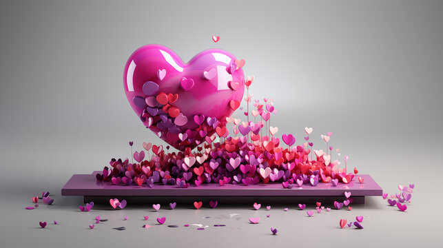 A large glossy pink heart overflowing with a multitude of smaller hearts in shades of pink red and purple on a reflective surface - Powered by Adobe