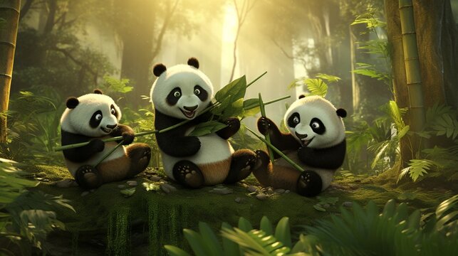Playful pandas engaging in a digitally created bamboo forest, showcasing their adorable antics and behaviors.