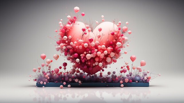 A large heart made up of an explosion of smaller pink and red geometric shapes rising from a grey surface against a light background