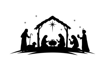 Silhouette Christmas christian nativity scene, illustration Birth of Christ, Christmas Manger scene with baby jesus