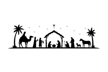 Silhouette Christmas christian nativity scene, illustration Birth of Christ, Christmas Manger scene with baby jesus
