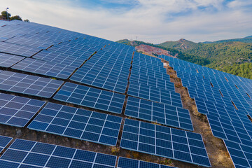 Solar power plant with photovoltaic cell in panels, aerial view