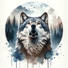 Wolf howling Clipart Watercolor Splash Style