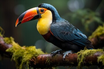 Fototapeta premium Colorful toucan perched on a tree branch, Generative AI