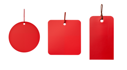 red tag and label set - round, square, rectangular - isolated transparent PNG background - collection of shapes