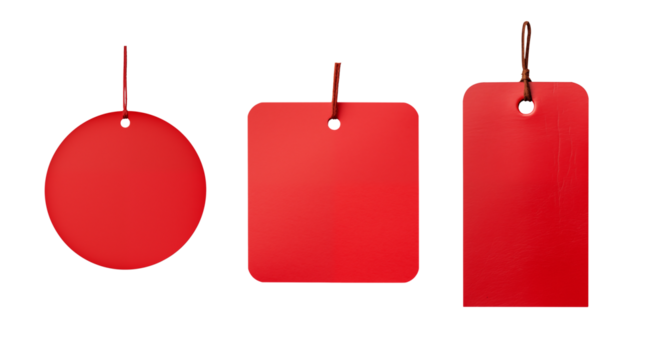 red tag and label set - round, square, rectangular - isolated transparent PNG background - collection of shapes