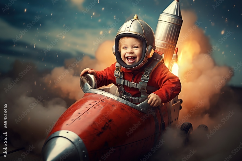 Canvas Prints Small child flying in his space rocket