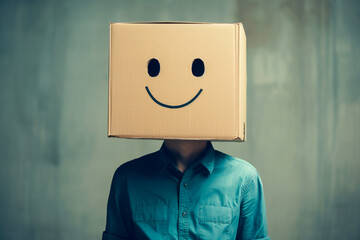 Young man standing and gesturing with a cardboard box with smiley face on his head in front of wall background.