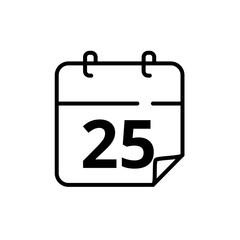 Simple flat calendar icon with specific day marked at 25. Vector illustration for websites, blogs and graphic resources.