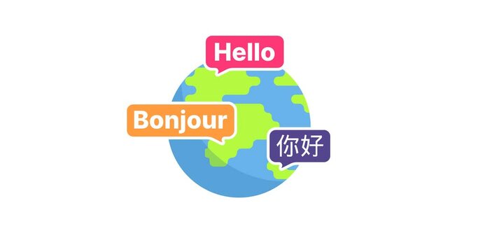 Different Languages Across the World Globe White Background Animation Motion Graphics Multilingual Greeting Text