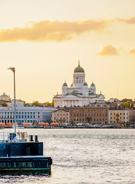 View over South Harbour towards Cathedral at sunset, Helsinki, Uusimaa County, Finland