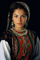 a woman in a traditional dress with a necklace and earrings