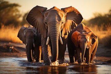 Family of elephants gathered at a watering hole, Generative AI
