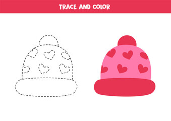 Trace and color cute flat pink heart cap. Worksheet for children.