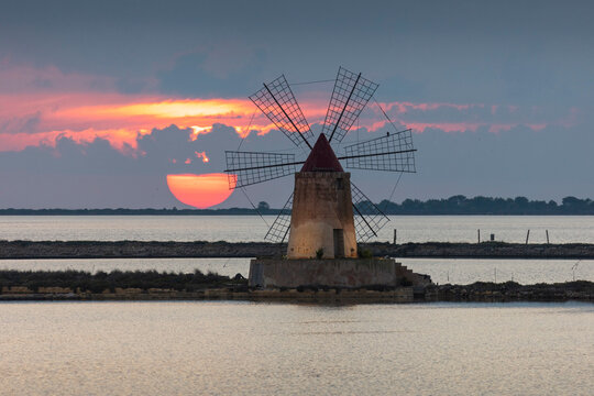 Italy, Sicily, Trapani, Marsala, a windmill on the salt pans