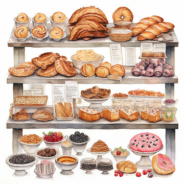 Set of bakery products on a shelf. Hand-drawn illustration.
