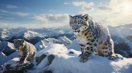 Snow leopards navigating a steep and snowy mountain terrain in a breathtaking 3D-rendered landscape. - obrazy, fototapety, plakaty