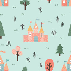 Seamless pattern with beautiful princess castles