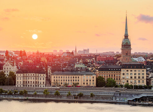 Gamla Stan at sunrise, elevated view, Stockholm, Stockholm County, Sweden