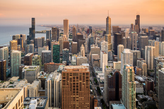 Aerial view of downtown skyline at sunset, Chicago, Illinois, USA