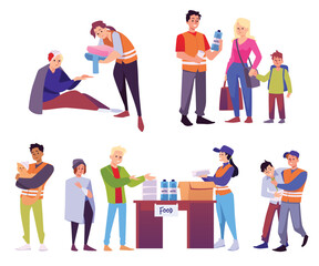 Set of volunteers helping people during natural disaster or war, flat vector illustration isolated on white background. - obrazy, fototapety, plakaty