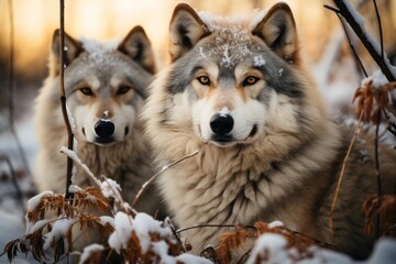Obraz premium Pair of wolves in a snowy landscape, Generative AI