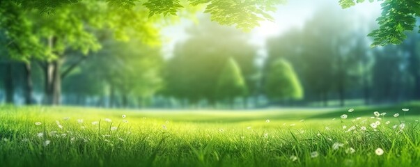 Sunlit meadow. Vibrant and refreshing image captures essence of nature in spring or summer. Lush green meadow serves as picturesque background radiating with beauty of outdoors