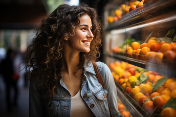 Young woman choosing a fresh fruit indoors at the food market