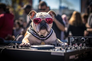 A bulldog with a DJ mixer at a street festival - obrazy, fototapety, plakaty