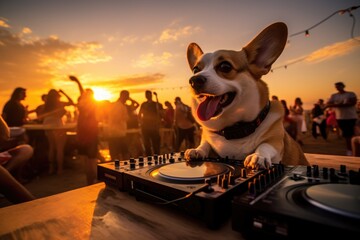 A corgi dog DJing at a sunset beach party