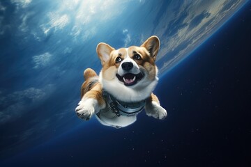 A corgi floating with satellites in Earth's orbit