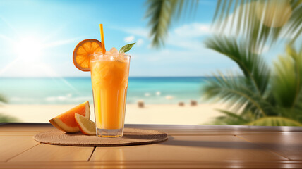 Orange Cocktail Illustration on Beautiful Beach Background