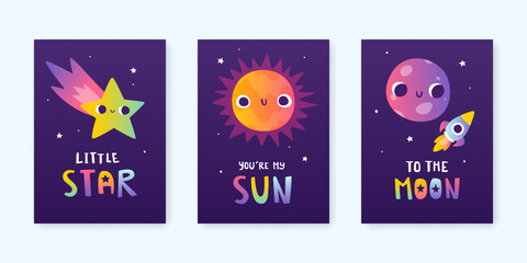 Space poster set with colorful gradient and hand written text. Cosmic bright prints collection for kids.