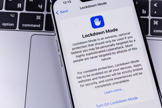 Apple Lockdown Mode settings on a screen iPhone smartphone. Lockdown Mode helps protect devices against extremely rare and highly sophisticated cyber attacks. Batumi, Georgia - November 25, 2023