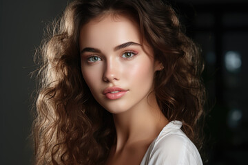 Fototapeta premium Beautiful young woman with long curly hair, makeup and hairstyle