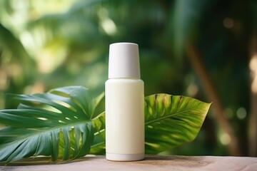 Cosmetic bottle mockup on green leaf background. Skin care and healthcare concept.