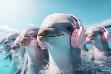 Dolphins in the swimming pool with headphones.